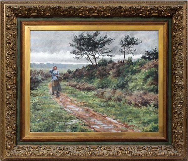 Young Girl In A Blue Coat Carrying A Basket On A Path - view 1