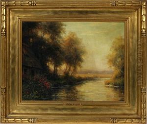 River Scene With Flowe by Louis Aston Knight