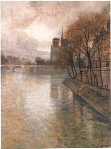 Parisian Scene: Looking Down The Seine Towards Notre Dame by Louis Aston Knight