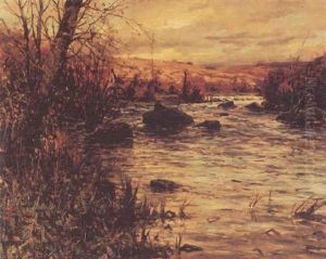 Autumn Stream With Cottage by Louis Aston Knight
