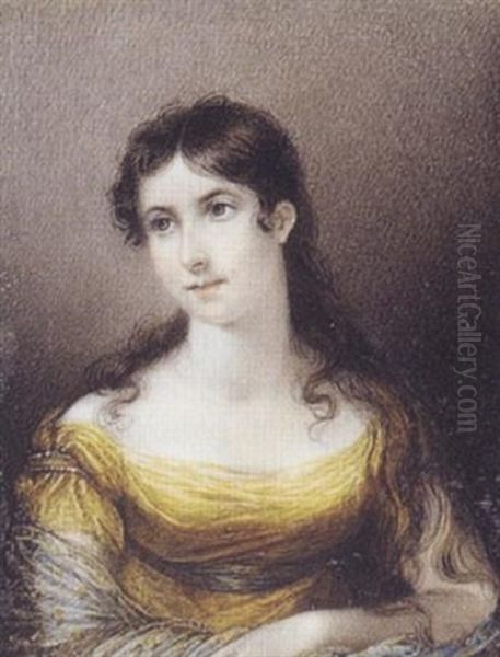 Fanny, Lady Ponsonby, Wearing Decollete Yellow Dress With Grey Waistband And Lace Shawl - view 1