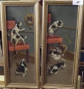 Three Mischievous Hound Puppies (pair) by Roland Knight
