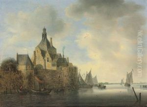 A Seascape With Boats By A Fortified Village