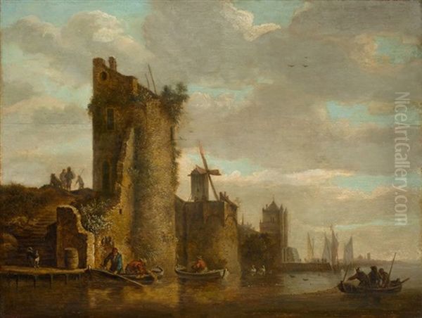 City Wall With Bastions, Windmill And A Jetty On A River - view 1
