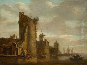 City Wall With Bastions, Windmill And A Jetty On A River