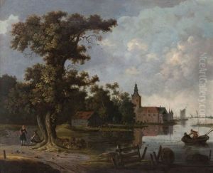 Paysage Fluvial En Hollande Anime De Pecheurs Et De Promeneurs