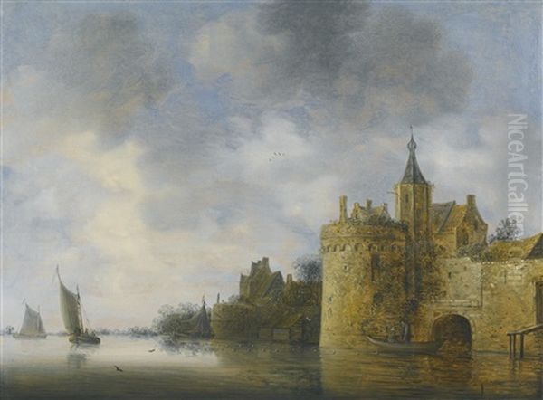 River Landscape With Two Fishermen In A Boat Below The Town Ramparts, Ships Beyond - view 1