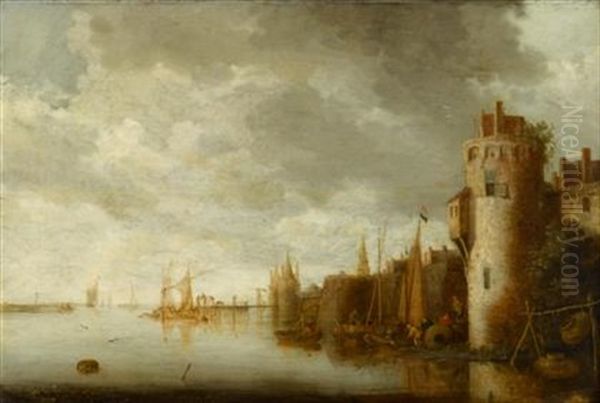 Fishermen At A River Estuary Near A Fortified Town - view 1