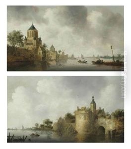 Fishermen In Rowing Boats Near The Kleine Houtpoort, Haarlem (+ A River Landscape With A Romanesque Church And A Walled Town; Pair)