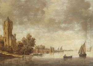 Flodlandskap Med Batar, Stadsbebyggelse Och Vaderkvarn