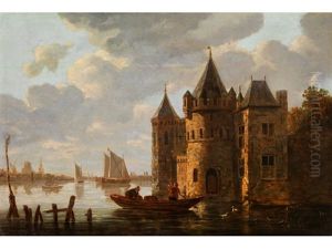 Niederlandische Kanallandschaft Mit Kahn Und Segelschiffen Und Burg Am Ufer