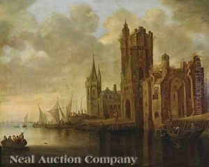 River Landscape With Boats And Figures Beside A Tower