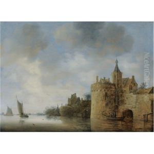 A River Estuary With Two Fishermen In A Rowing Boat Near A Fortified Town, Sailing Vessels Beyond