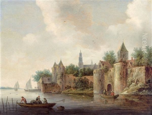 Befestigte Stadt An Einem Fluss Mit Fischerbooten - view 1