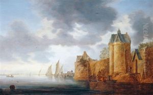 Flusslandschaft Mit Befestigtem Stadtchen