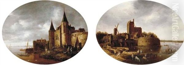 A Coastal Landscape With Fishermen By A Fortress (+ A Coastal Landscape With A Ferry Crossing By A Fortified Village; Pair) - view 1