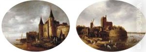 A Coastal Landscape With Fishermen By A Fortress (+ A Coastal Landscape With A Ferry Crossing By A Fortified Village; Pair) by Wouter Knijff