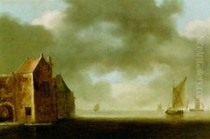 A River Landscape With Sailing Boats And A Fortified Entrance Gate To The Left by Wouter Knijff