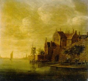 A Fortified Town On A River, With A Sailing Boat In The Distance, At Sunset
