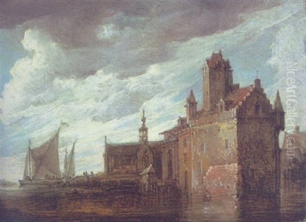 A River Townscape With Sailing Vessels - view 1