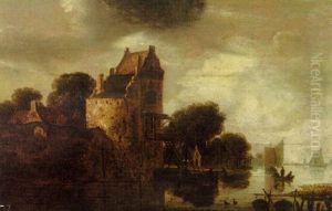 A River Landscape With Fishermen At A Landing Stage By A Tower, Sailing Vessels Beyond by Wouter Knijff