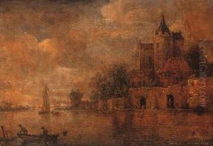 A River Estuary With A Walled Town And Fishermen In The Foreground