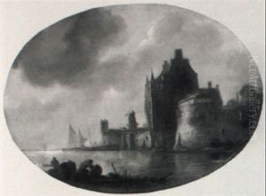 Fortified Town By A River With Fishermen On The Bank by Wouter Knijff