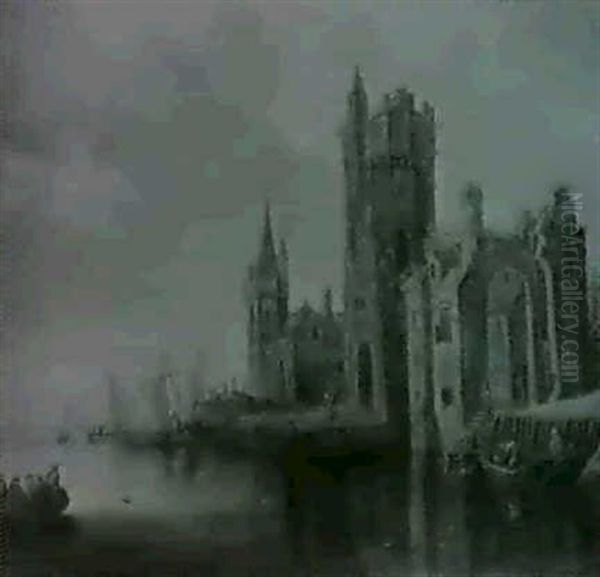Peasants Gathered On A River Bank Before A Town Centre And Castellated Buildings - view 1