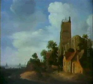 Figures On A Path Running Past The Village Of Egmont Aan Zee With The Church Overlooking The River Estuary