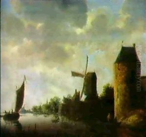Hollandische Flusslandschaft Mit Einer Windmuhle, Einem Turm Und Fischerbooten by Wouter Knijff