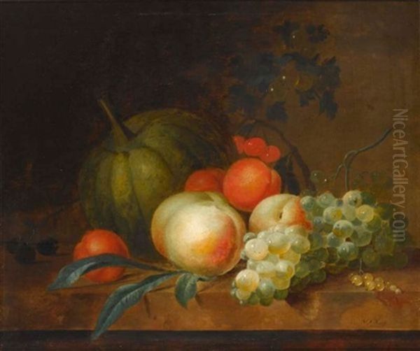 A Still Life With Two Peaches, Grapes, Plums And A Mellon, All On A Wooden Ledge - view 1