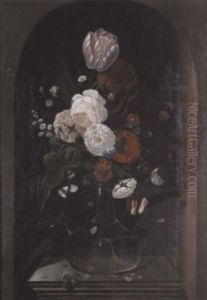 A Tulip, Roses, Chrysanthemums, Morning Glory And Other Flowers In A Glass Vase On A Plinth