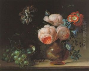 Still Life Of Flowers In A Vase With Grapes And A Bird's Nest Containing Eggs by Nicolaas Frederik Knip the Elder