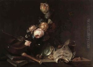 A Still Life Of A Vase Of Flowers Including Roses, Tulips, Forget-me-nots And Primula Auricula On A Stone Ledge With A by Nicolaas Frederik Knip the Elder