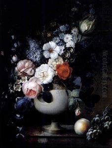 Roses And Other Flowers In A Vase With A Peach And Grapes On A Ledge by Nicolaas Frederik Knip the Elder