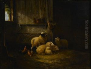 Chickens And Sheep In A Barn by August Knip