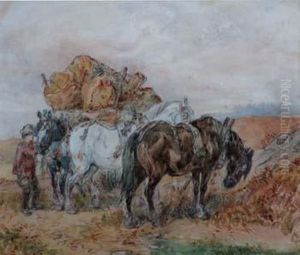 Rural Scenes With Figures And Horses by Henri Beall