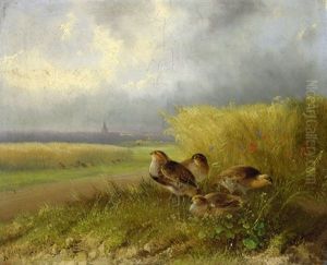 Rebhuhner Neben Einem Getreidefeld by August Knip