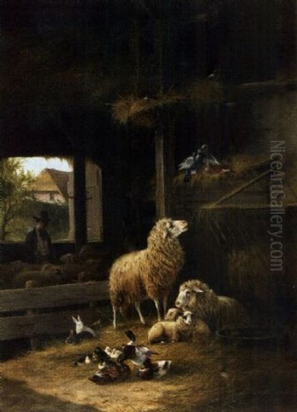 Stallidylle Mit Schafer, Kaninchen, Tauben Und Enten - view 1