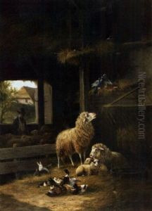 Stallidylle Mit Schafer, Kaninchen, Tauben Und Enten