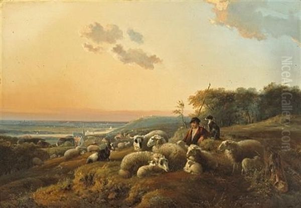 A Shepherd With His Flock In An Extensive Landscape - view 1