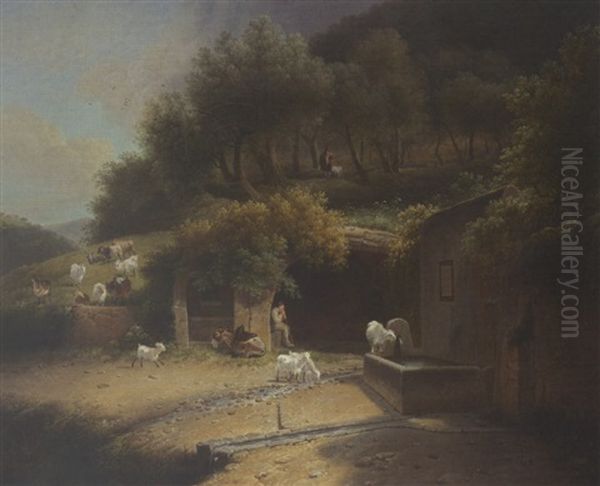 A Wooded Hilly Landscape With A Shepherd Resting In A Grotto With His Herd And A Donkey, Near A Fountain With Another Shepherd In The Background - view 1