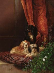Zwei Spaniels Und Ein Terriermischling Auf Einem Kissen Vor Drapiertem Hintergrund