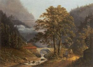 Bjerglandskab, I Forgrunden Vandmolle Og Rytterer Til Hest by Hendrik Johannes Knip