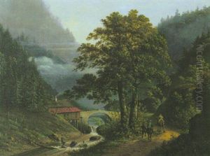 Bewaldetes Flustal Mit Einer Steinernen Bogenbrucke by Hendrik Johannes Knip