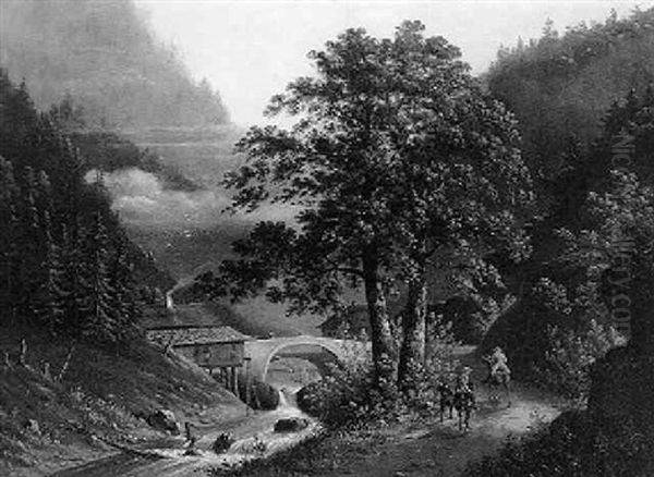 Travellers On Horseback By A Torrent In A Valley - view 1