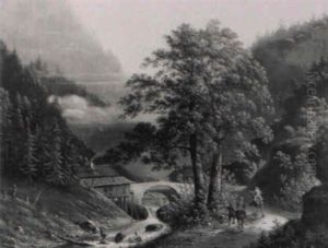 Bewaldetes Flustal Mit Einer Steinernen Bogenbrucke by Hendrik Johannes Knip