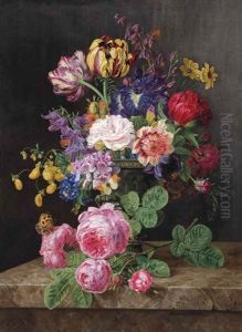 Roses, Tulips, Lady's Purses, Black Irises And Other Flowers In A Vase, And A Stem Of Pink Roses, On A Stone Ledge by Henriette Gertruide Knip