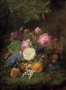 A Colourful Bouquet Of Flowers And Various Fruits On A Forest Floor by Henriette Gertruide Knip