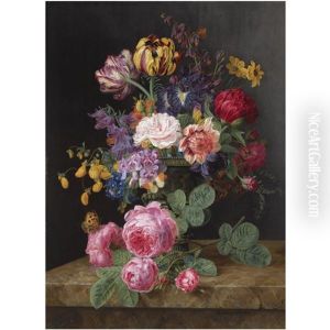 A Still Life With Roses, Tulips And Other Flowers by Henriette Gertruide Knip